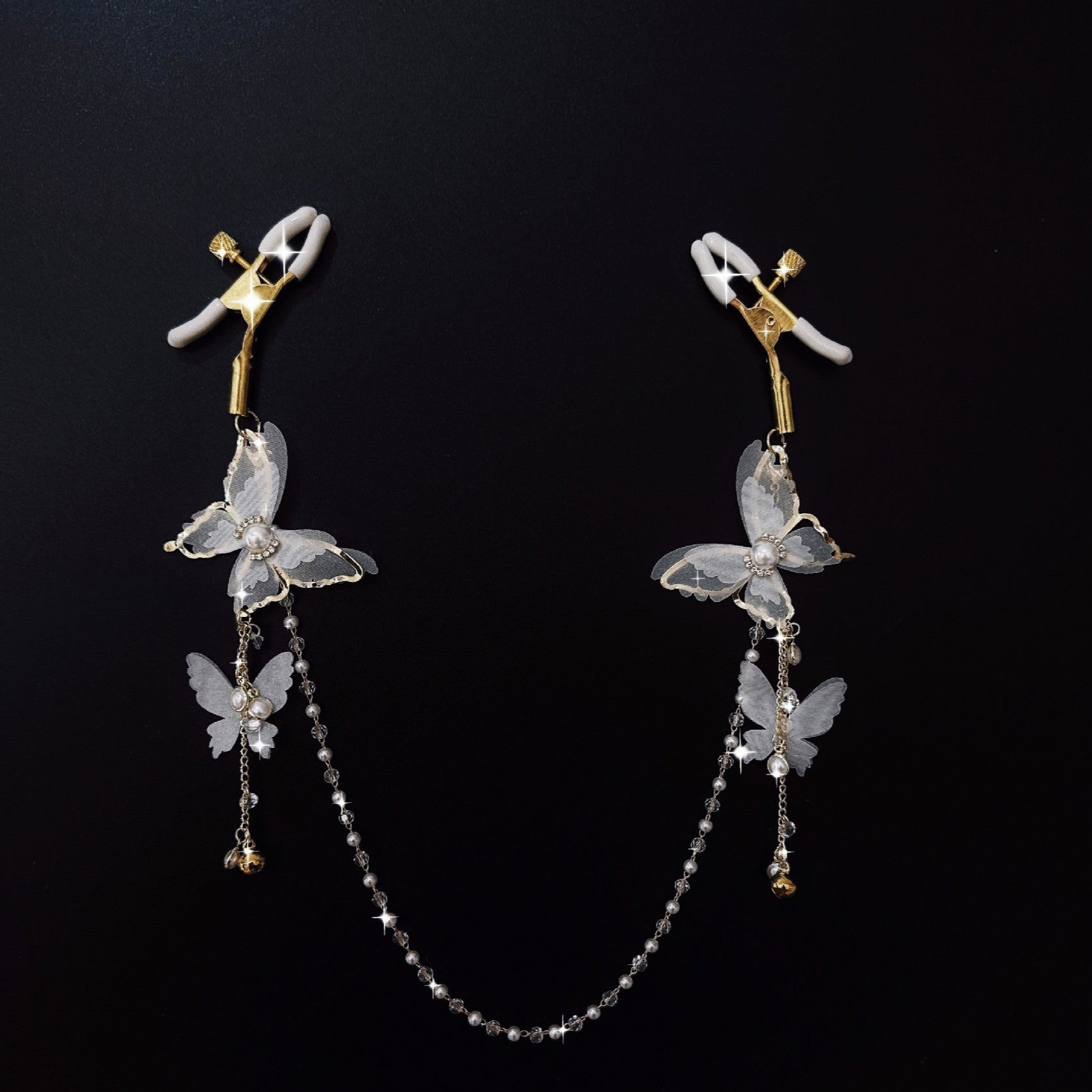 Image of sex toysbell butterfly nipple clip lace pearl sm stimulation nipple training nipple titty clamp butt plug tail